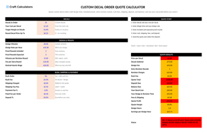 Custom Decal Order Quote Calculator screenshot showing inputs, calculated results, and status line