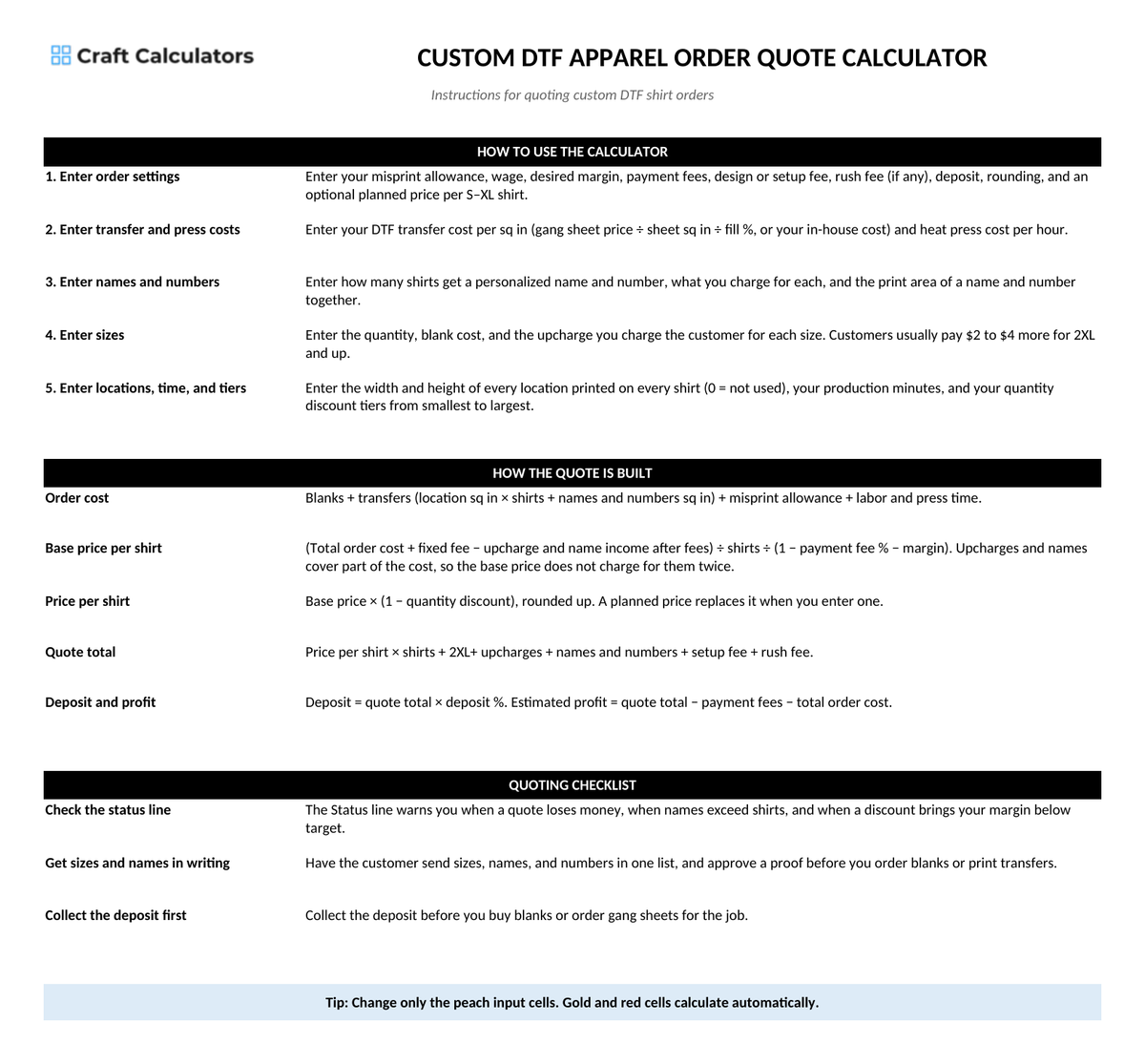 Custom DTF Apparel Order Quote Calculator instructions tab explaining how to use the workbook and what the results mean