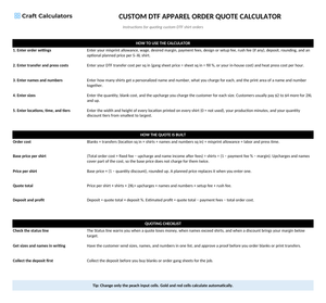 Custom DTF Apparel Order Quote Calculator instructions tab explaining how to use the workbook and what the results mean