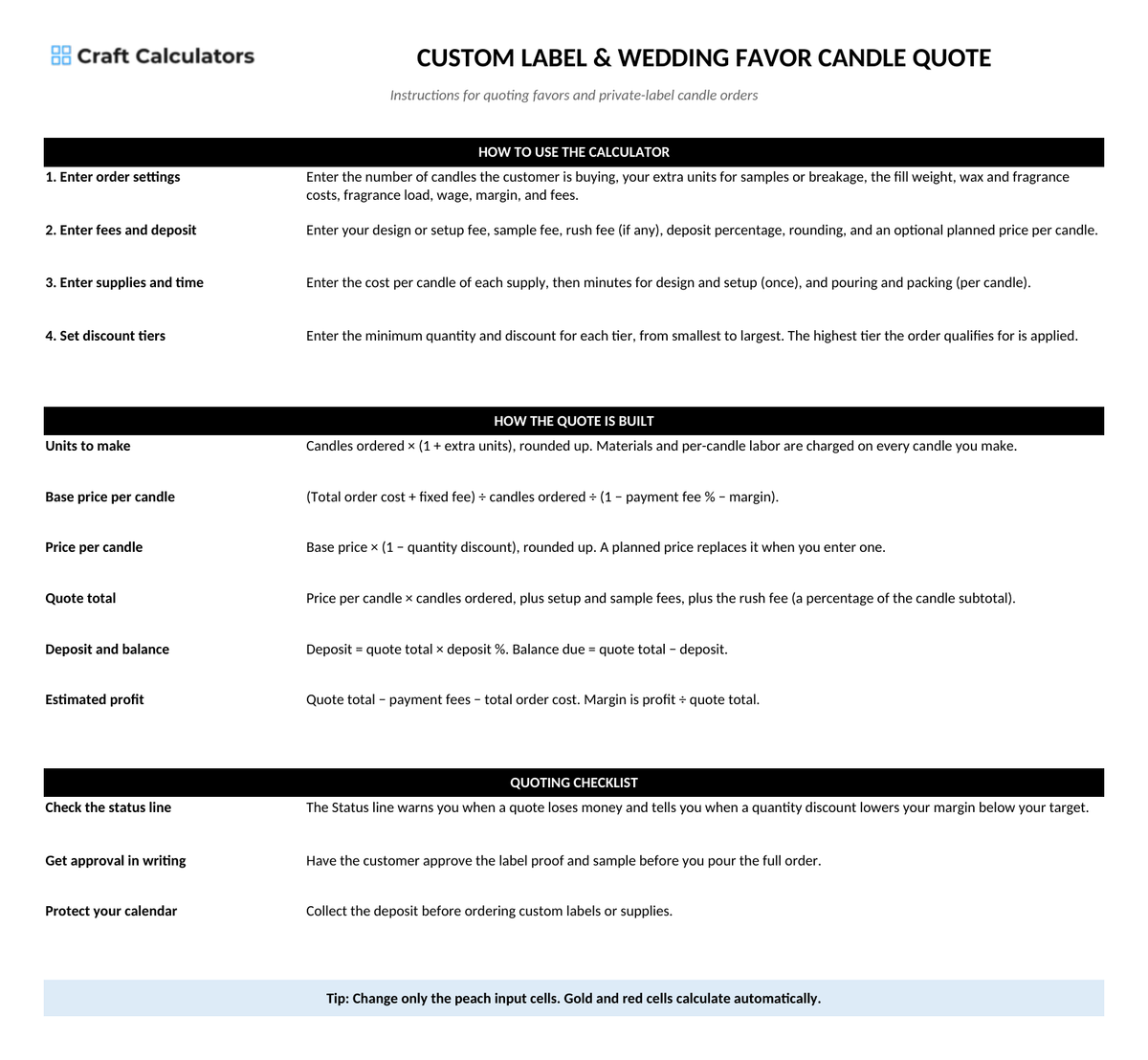 Custom Label & Wedding Favor Candle Quote instructions tab explaining how to use the workbook and what the results mean