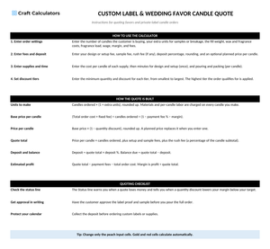 Custom Label & Wedding Favor Candle Quote instructions tab explaining how to use the workbook and what the results mean