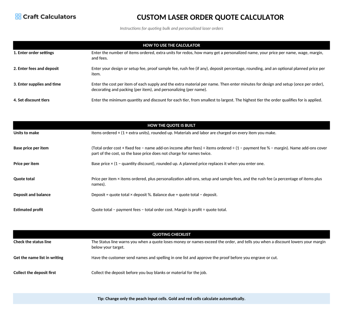 Custom Laser Order Quote Calculator instructions tab explaining how to use the workbook and what the results mean