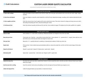 Custom Laser Order Quote Calculator instructions tab explaining how to use the workbook and what the results mean