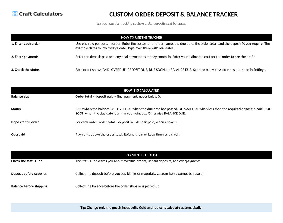 Custom Order Deposit & Balance Tracker instructions tab explaining how to use the workbook and what the results mean
