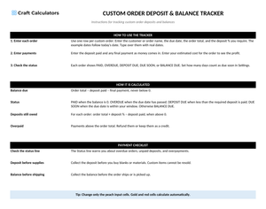 Custom Order Deposit & Balance Tracker instructions tab explaining how to use the workbook and what the results mean