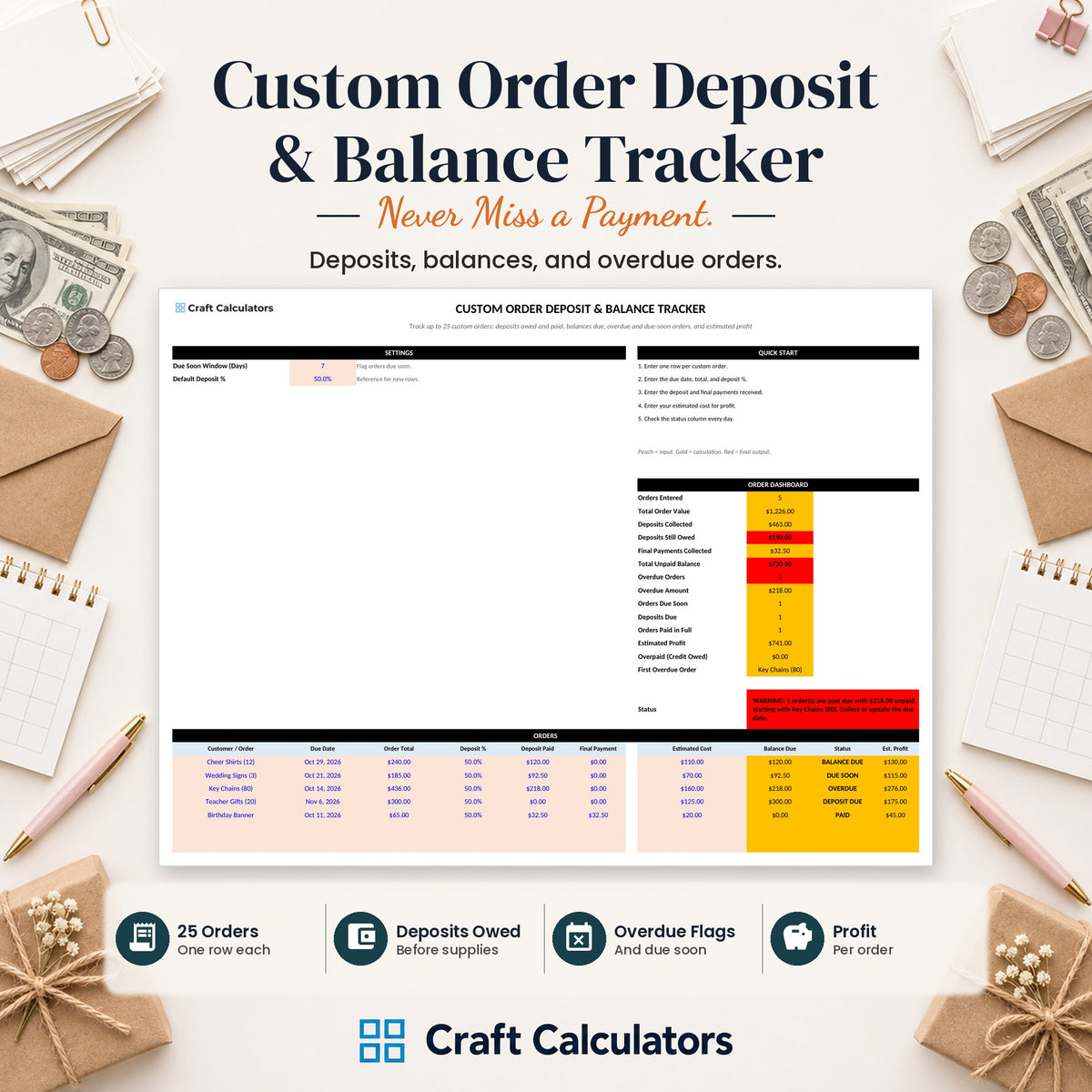 Custom Order Deposit & Balance Tracker spreadsheet by Craft Calculators for handmade sellers