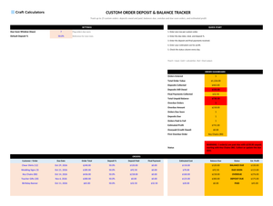 Custom Order Deposit & Balance Tracker screenshot showing inputs, calculated results, and status line