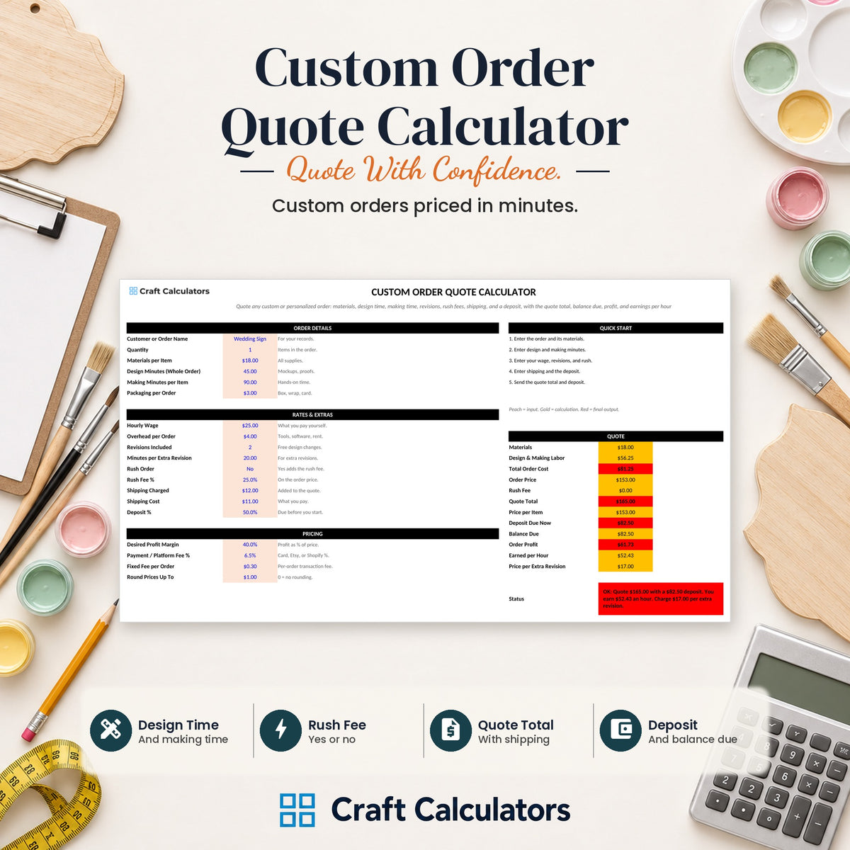 Custom Order Quote Calculator spreadsheet by Craft Calculators for handmade sellers