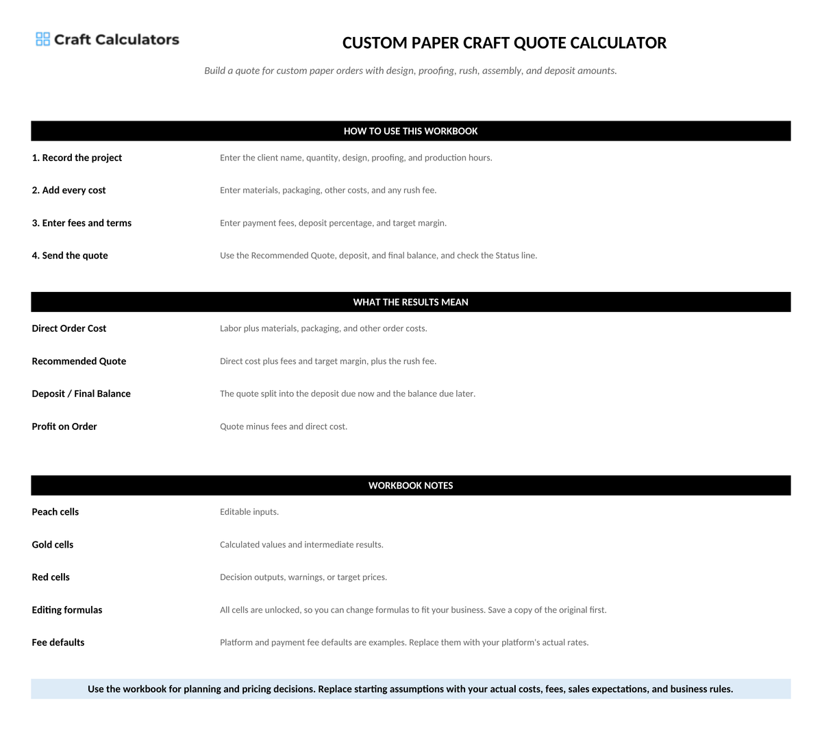 Custom Paper Craft Quote Calculator instructions tab explaining how to use the workbook and what the results mean