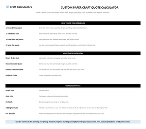 Custom Paper Craft Quote Calculator instructions tab explaining how to use the workbook and what the results mean