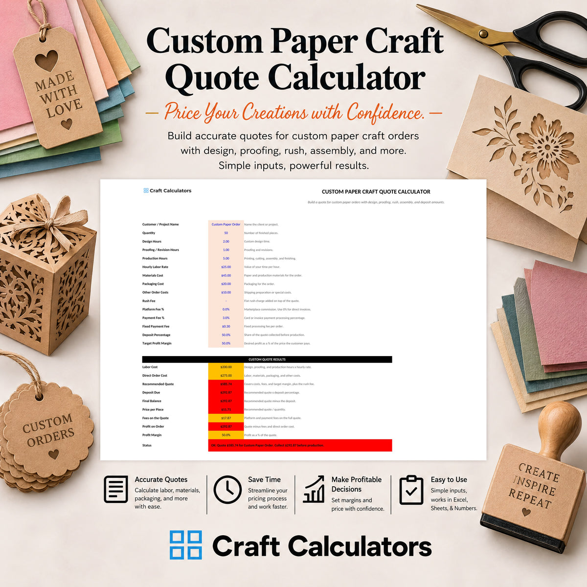 Custom Paper Craft Quote Calculator spreadsheet by Craft Calculators for paper crafters