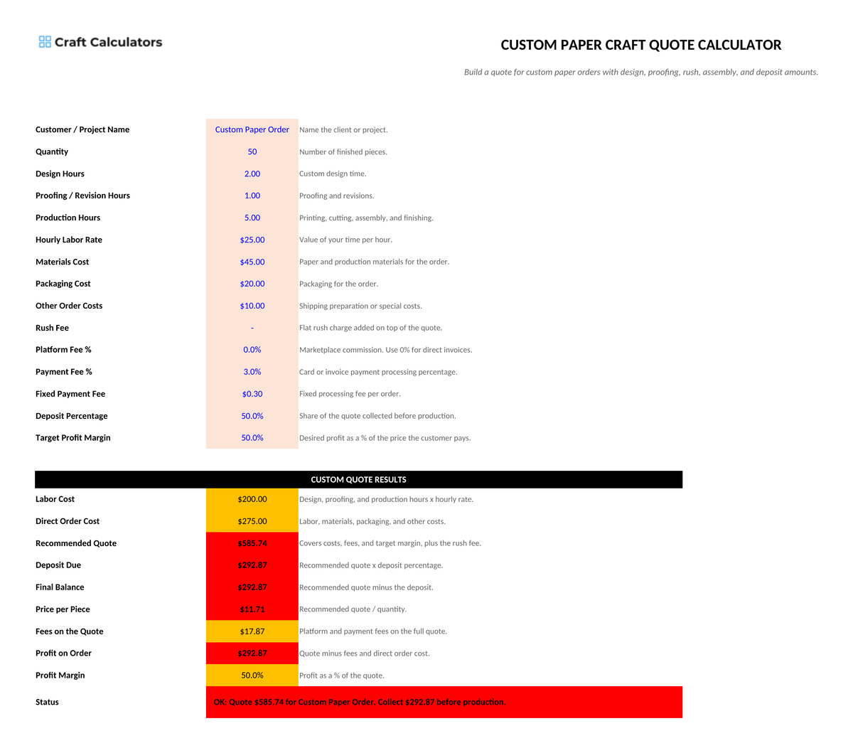 Custom Paper Craft Quote Calculator screenshot showing inputs, calculated results, and status line