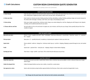 Custom Resin Commission Quote Generator instructions tab explaining how to use the workbook and what the results mean