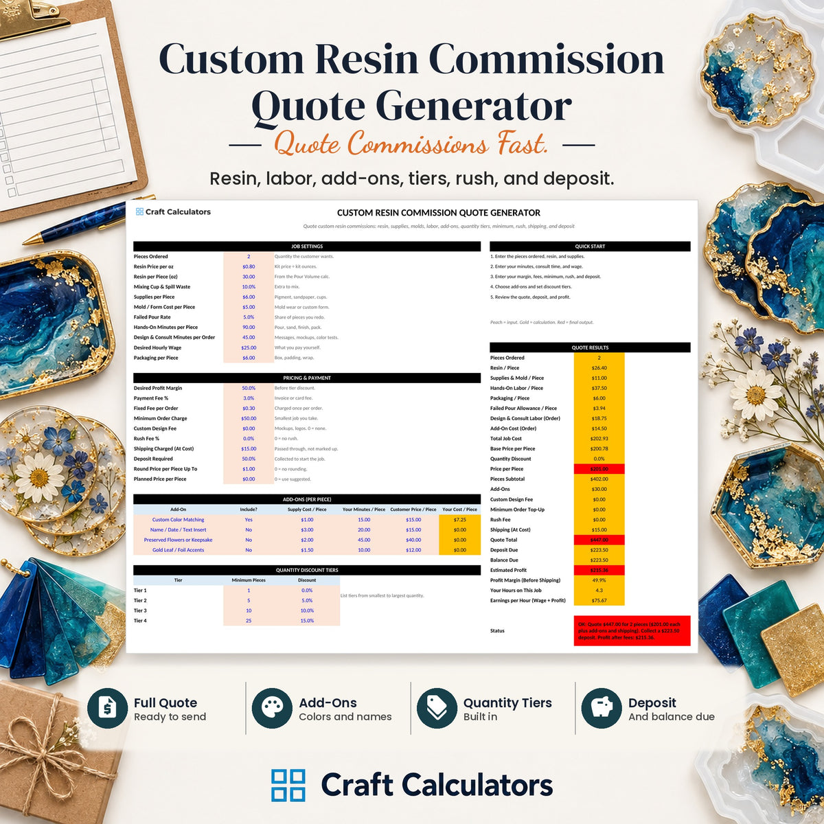 Custom Resin Commission Quote Generator spreadsheet by Craft Calculators for resin artists