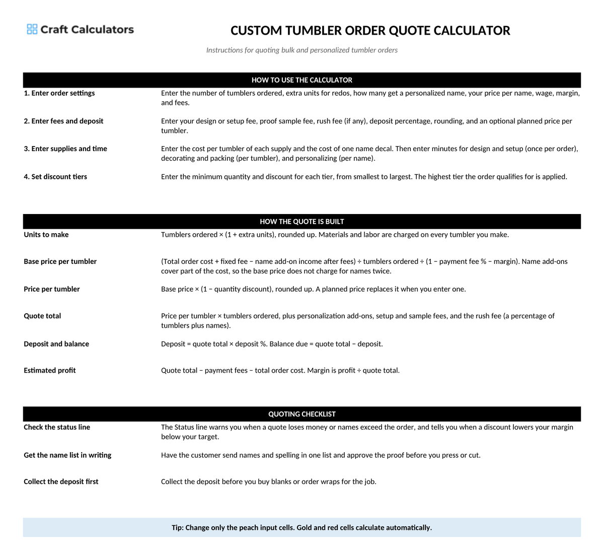 Custom Tumbler Order Quote Calculator instructions tab explaining how to use the workbook and what the results mean