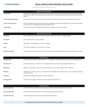 Decal Installation Pricing Calculator instructions tab explaining how to use the workbook and what the results mean