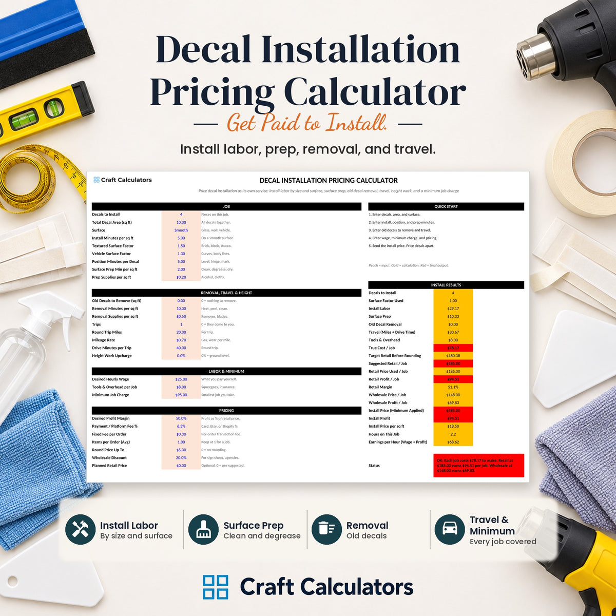 Decal Installation Pricing Calculator spreadsheet by Craft Calculators for decal and sticker sellers