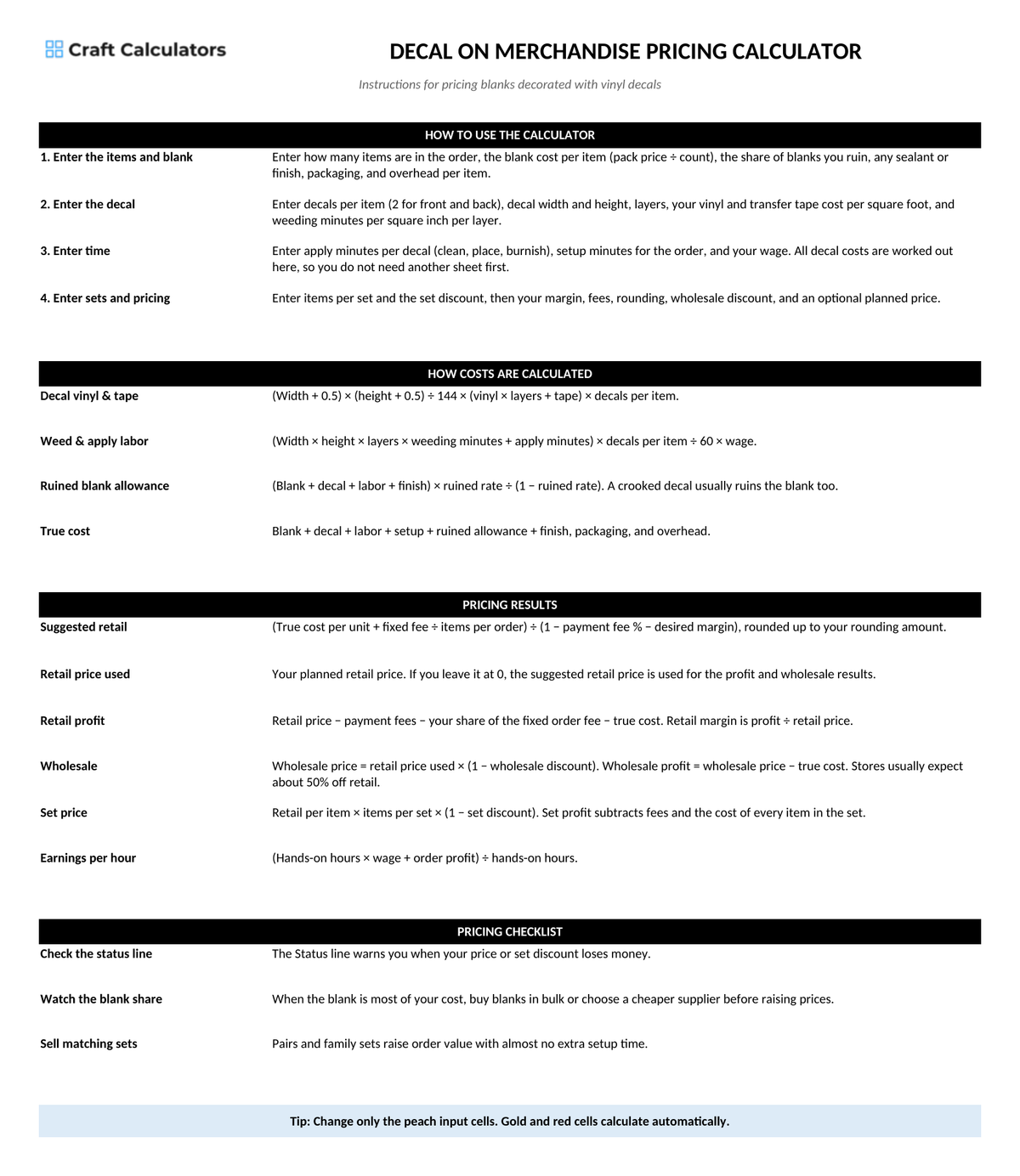 Decal on Merchandise Pricing Calculator instructions tab explaining how to use the workbook and what the results mean