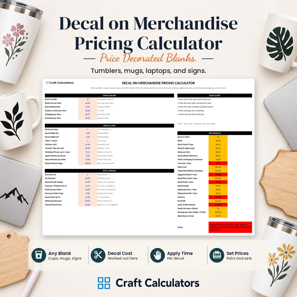 Decal on Merchandise Pricing Calculator spreadsheet by Craft Calculators for decal and sticker sellers