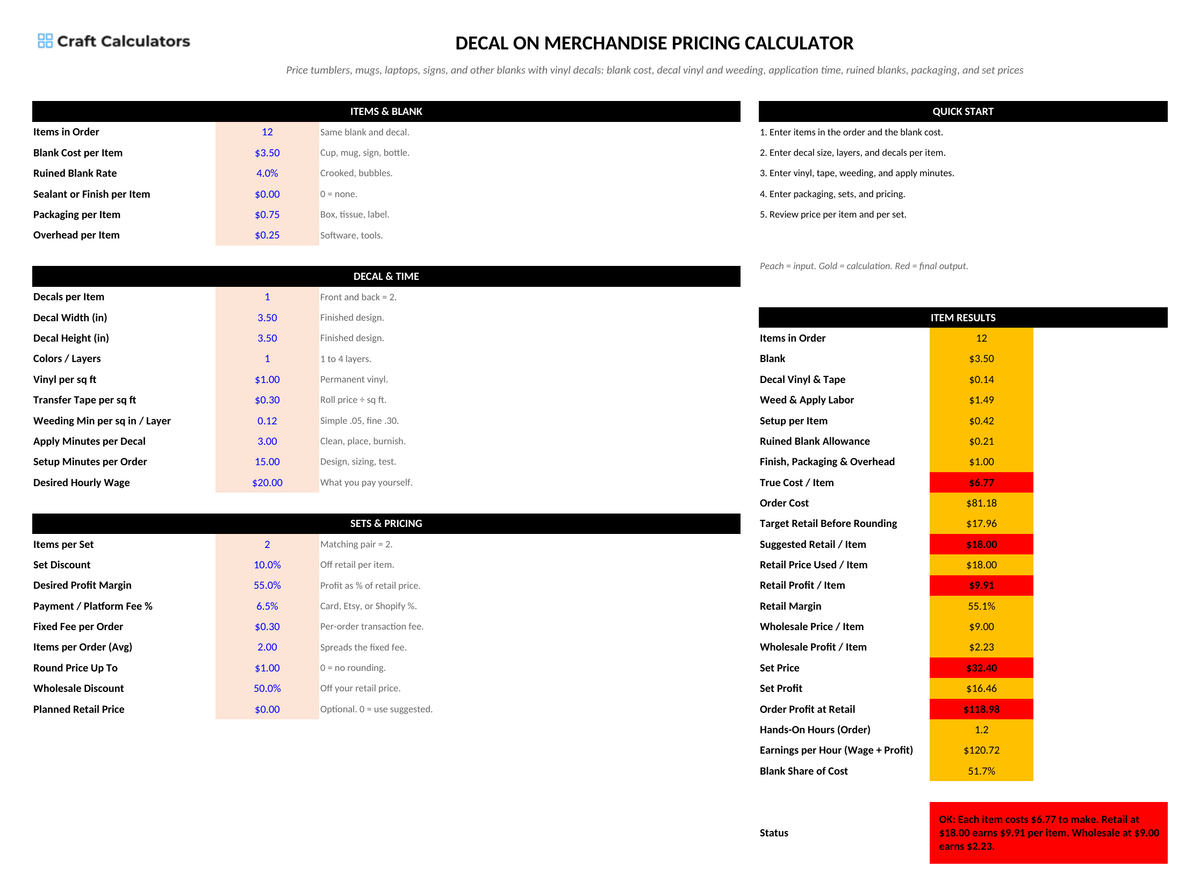Decal on Merchandise Pricing Calculator screenshot showing inputs, calculated results, and status line