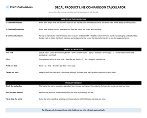 Decal Product Line Comparison Calculator instructions tab explaining how to use the workbook and what the results mean