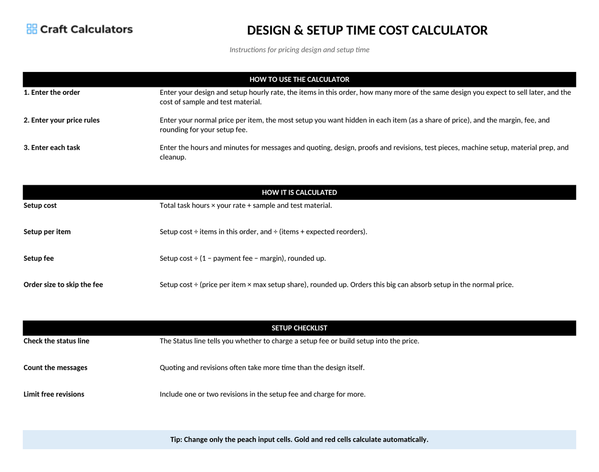 Design & Setup Time Cost Calculator instructions tab explaining how to use the workbook and what the results mean