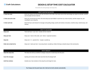 Design & Setup Time Cost Calculator instructions tab explaining how to use the workbook and what the results mean
