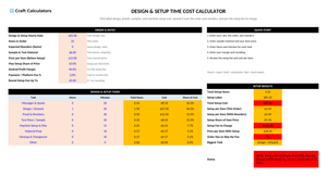 Design & Setup Time Cost Calculator screenshot showing inputs, calculated results, and status line