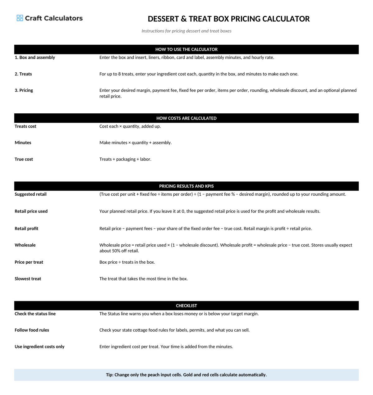 Dessert & Treat Box Pricing Calculator instructions tab explaining how to use the workbook and what the results mean