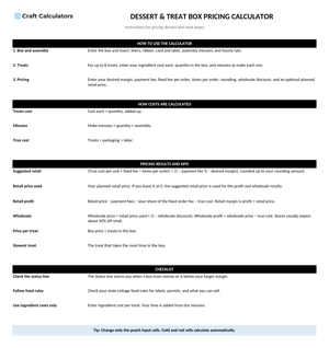 Dessert & Treat Box Pricing Calculator instructions tab explaining how to use the workbook and what the results mean