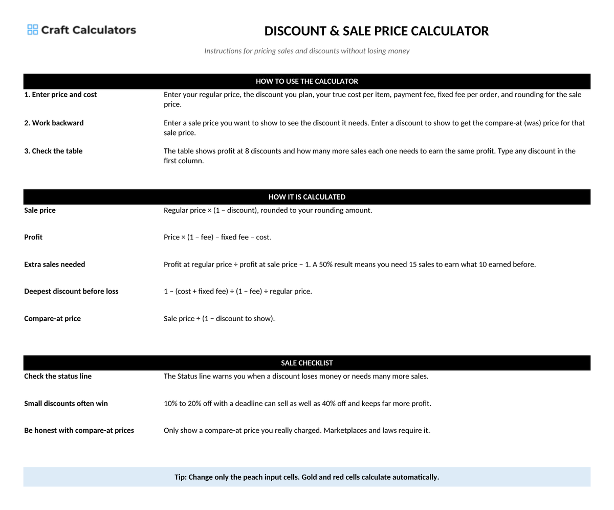 Discount & Sale Price Calculator instructions tab explaining how to use the workbook and what the results mean