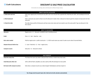 Discount & Sale Price Calculator instructions tab explaining how to use the workbook and what the results mean