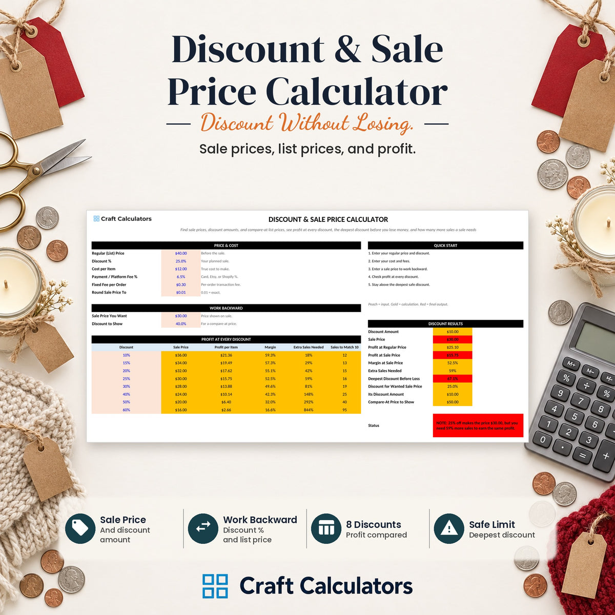 Discount & Sale Price Calculator spreadsheet by Craft Calculators for handmade sellers