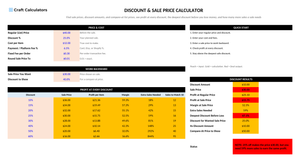 Discount & Sale Price Calculator screenshot showing inputs, calculated results, and status line