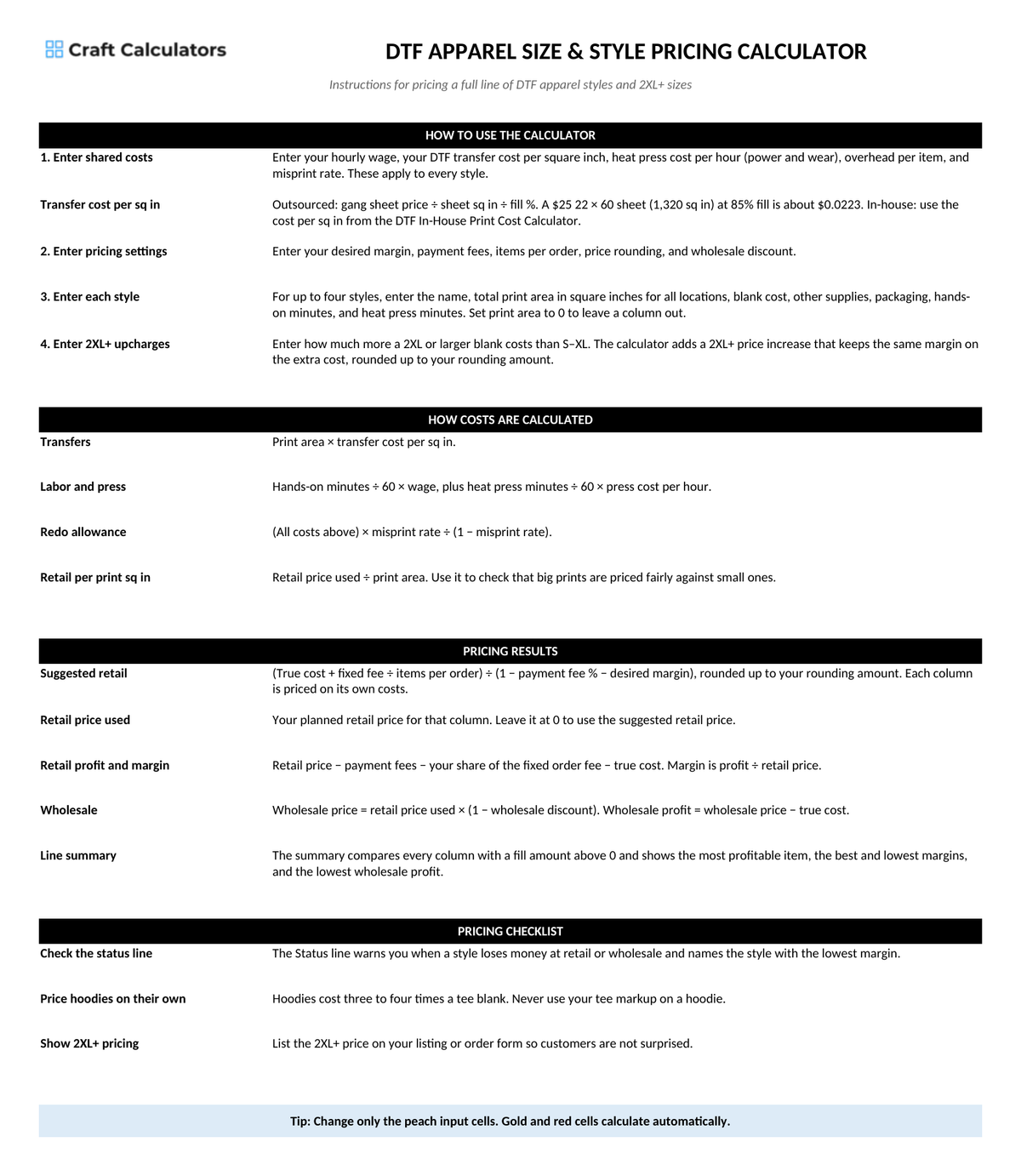 DTF Apparel Size & Style Pricing Calculator instructions tab explaining how to use the workbook and what the results mean