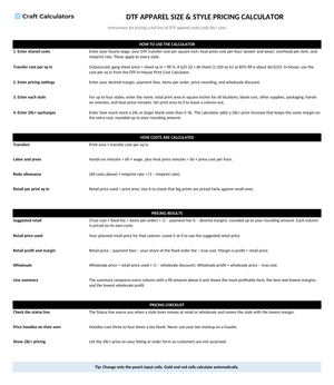 DTF Apparel Size & Style Pricing Calculator instructions tab explaining how to use the workbook and what the results mean