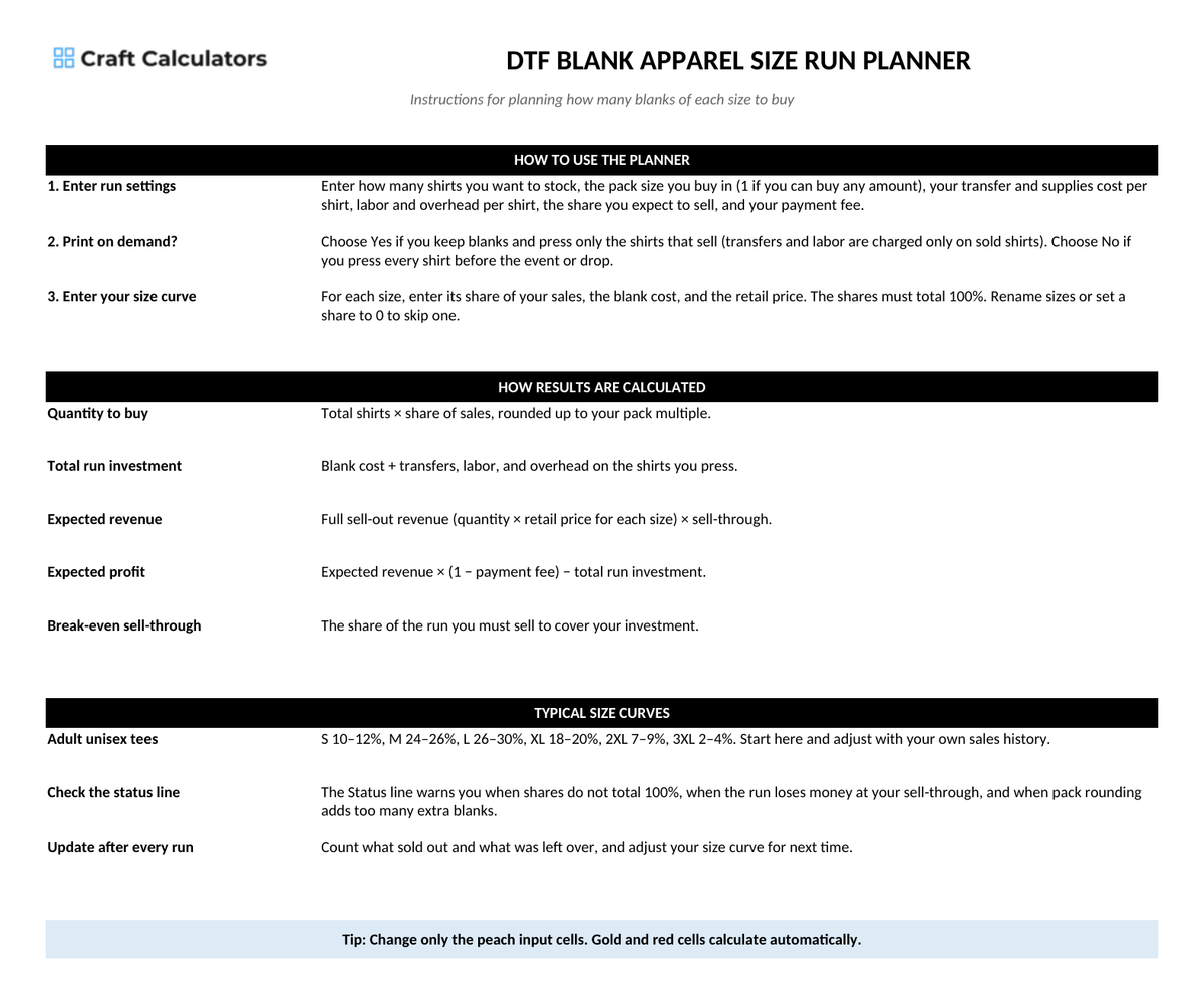 DTF Blank Apparel Size Run Planner instructions tab explaining how to use the workbook and what the results mean