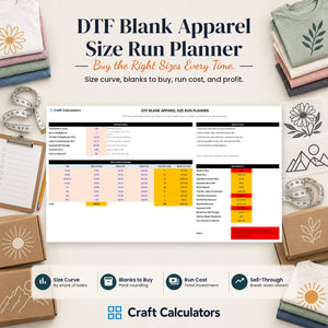 DTF Blank Apparel Size Run Planner spreadsheet by Craft Calculators for DTF shirt makers