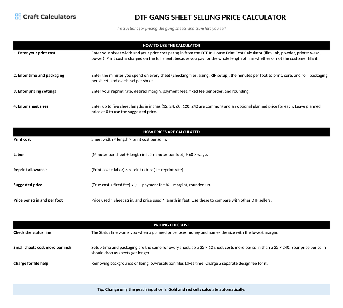 DTF Gang Sheet Selling Price Calculator instructions tab explaining how to use the workbook and what the results mean