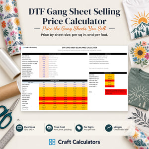 DTF Gang Sheet Selling Price Calculator spreadsheet by Craft Calculators for DTF shirt makers