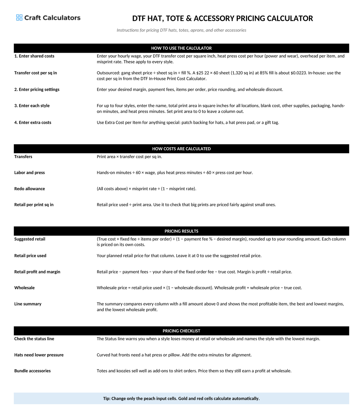 DTF Hat, Tote & Accessory Pricing Calculator instructions tab explaining how to use the workbook and what the results mean