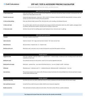 DTF Hat, Tote & Accessory Pricing Calculator instructions tab explaining how to use the workbook and what the results mean
