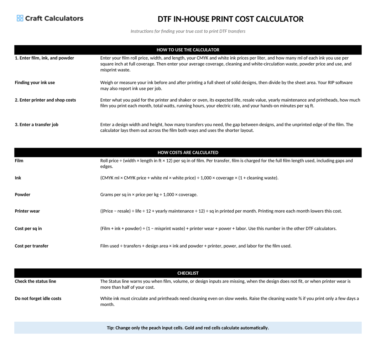 DTF In-House Print Cost Calculator instructions tab explaining how to use the workbook and what the results mean