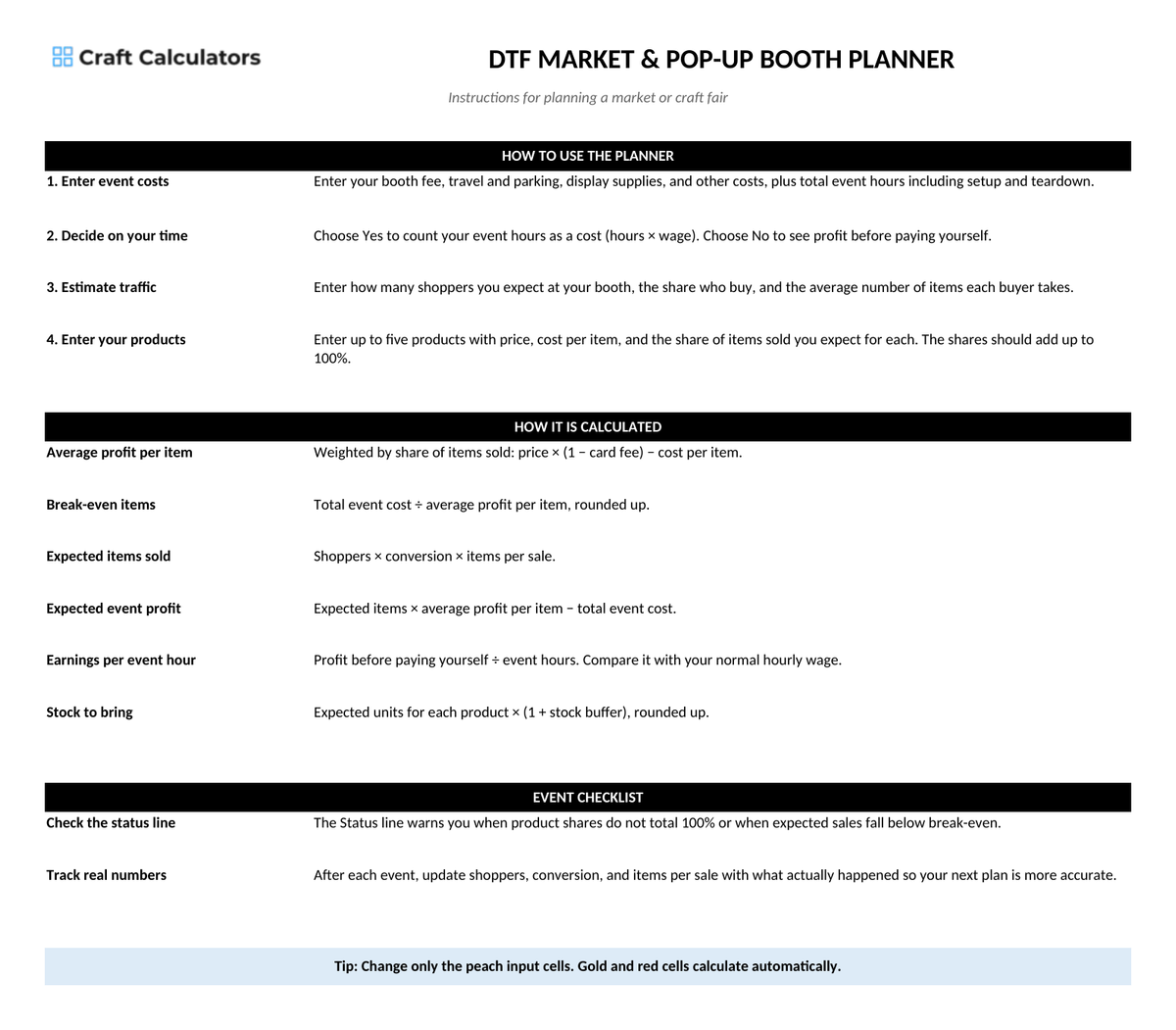 DTF Market & Pop-Up Booth Planner instructions tab explaining how to use the workbook and what the results mean