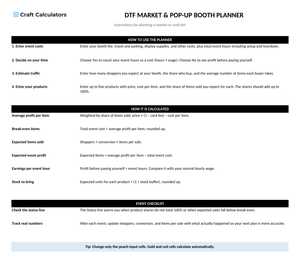 DTF Market & Pop-Up Booth Planner instructions tab explaining how to use the workbook and what the results mean