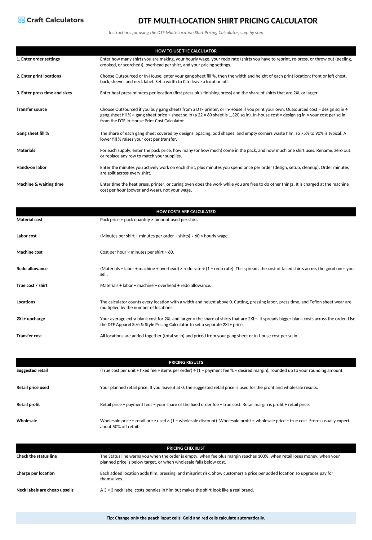 DTF Multi-Location Shirt Pricing Calculator instructions tab explaining how to use the workbook and what the results mean