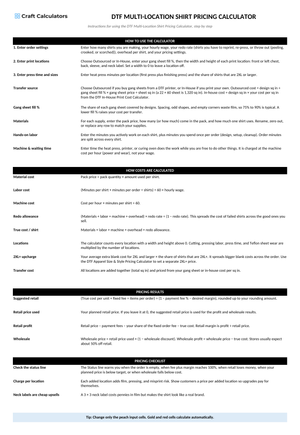 DTF Multi-Location Shirt Pricing Calculator instructions tab explaining how to use the workbook and what the results mean