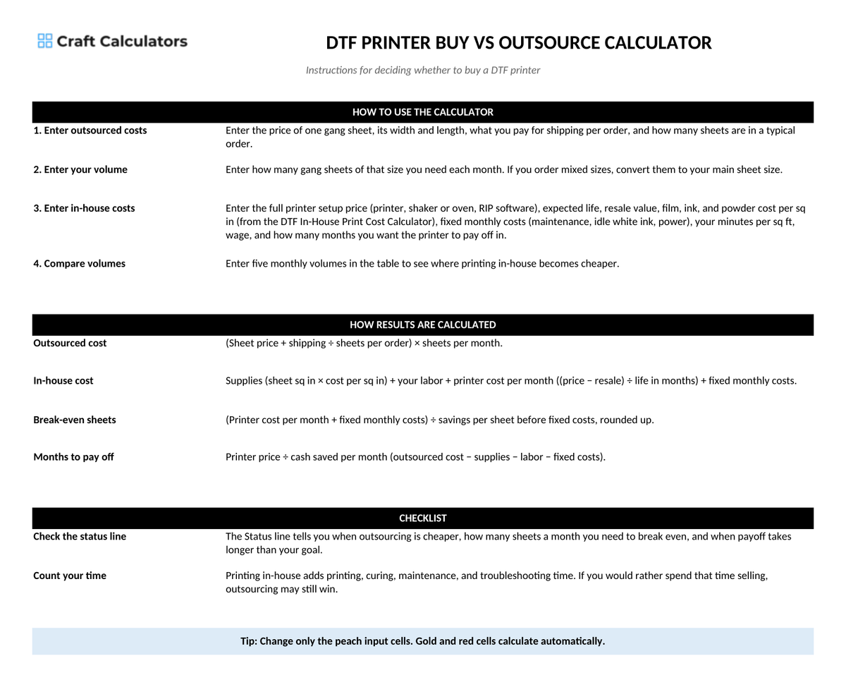 DTF Printer Buy vs Outsource instructions tab explaining how to use the workbook and what the results mean