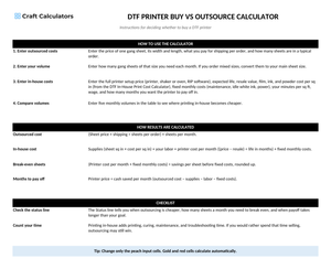 DTF Printer Buy vs Outsource instructions tab explaining how to use the workbook and what the results mean