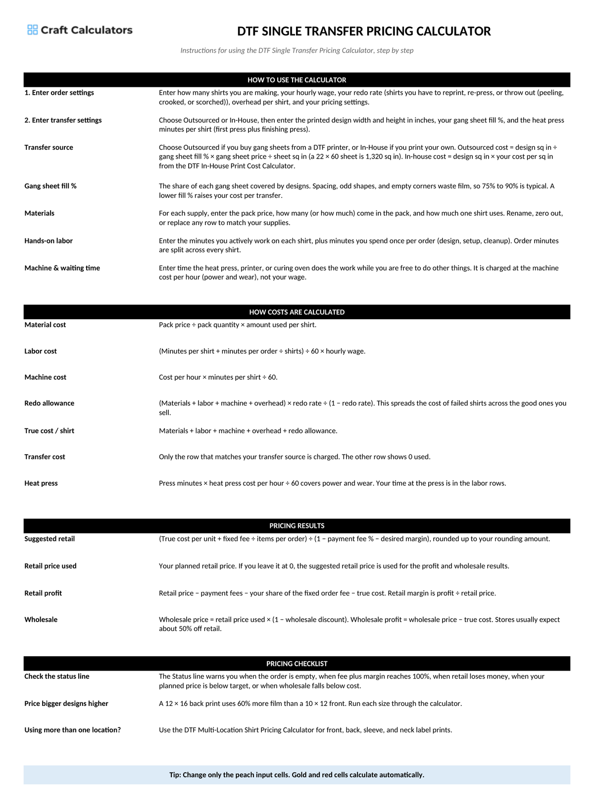 DTF Single Transfer Pricing Calculator instructions tab explaining how to use the workbook and what the results mean